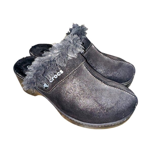 Crocs Shoes Womens 7 Cobbler Mule Clogs Black Suede Faux Fur Trim Wedge 11602 - Picture 2 of 10